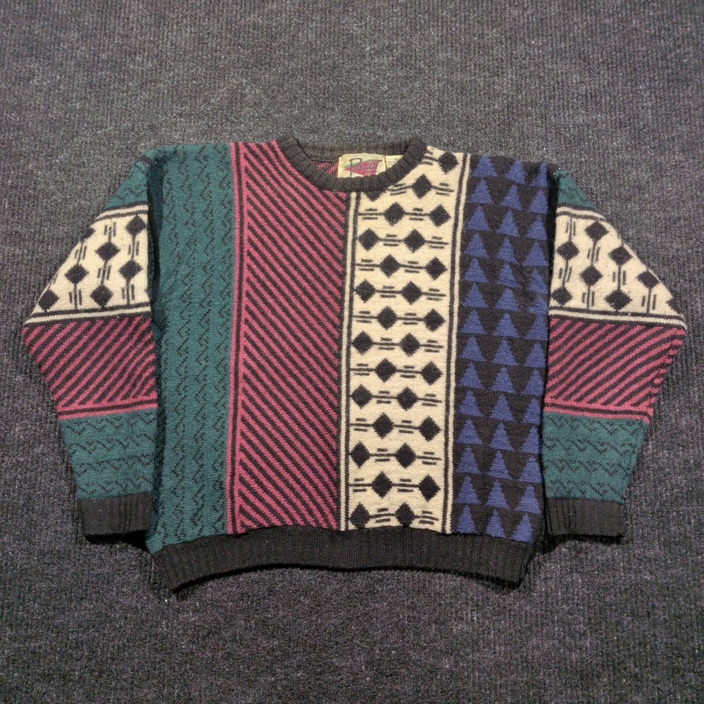 Vintage PAZZO 100% Shetland Wool Geometric Sweater Mens M Colorblock 90s Made HK